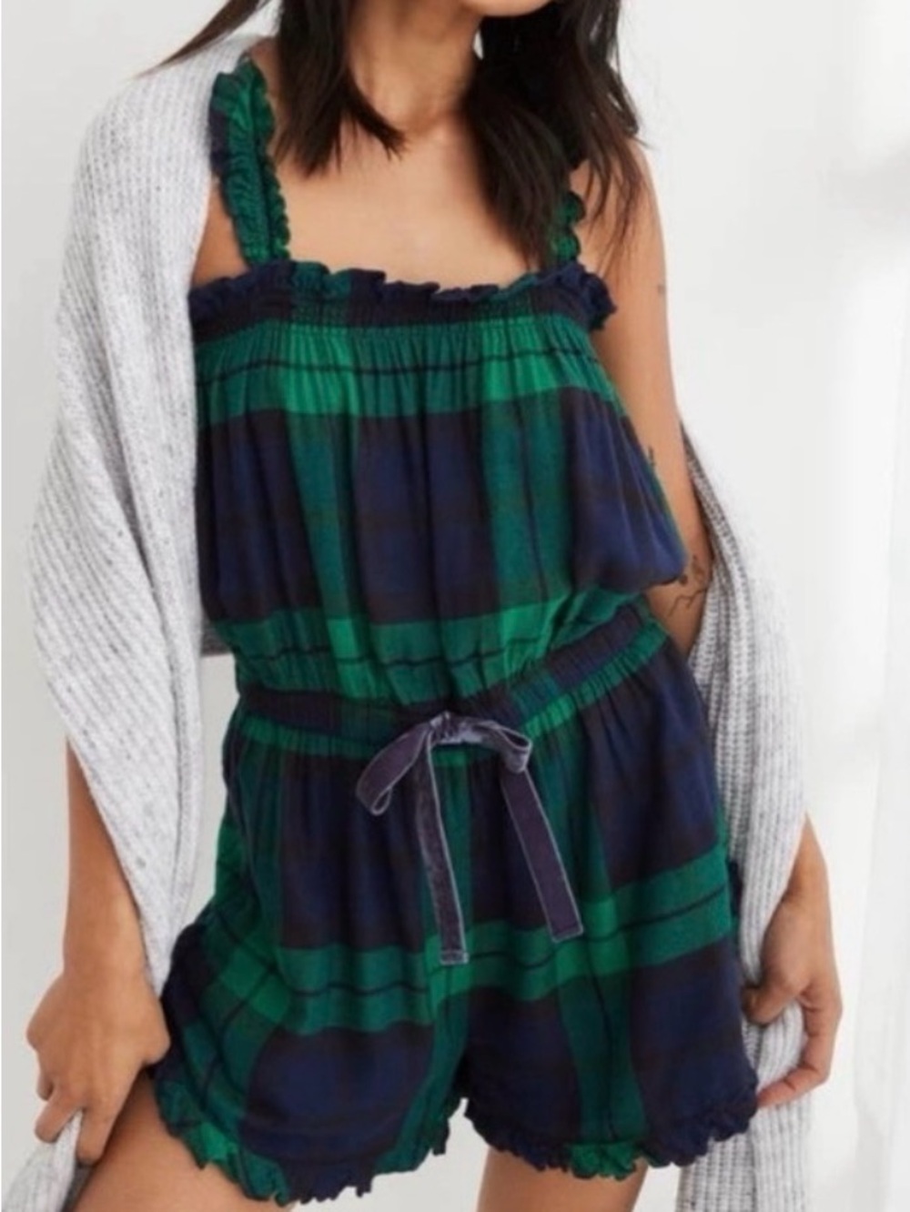 NWT Aerie Plaid Ruffle Flannel Sleep Pajama Romper Size M